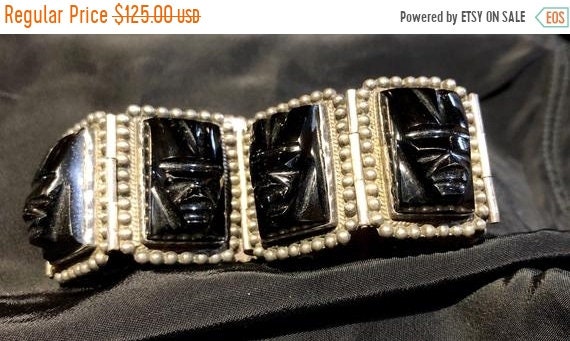 SALE 1950s Tiki Tribal Sterling Silver Mexican Ony