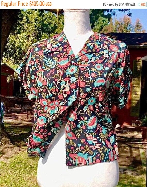 SALE 1940s Rayon Chinoiserie Print Blouse Evelyn P