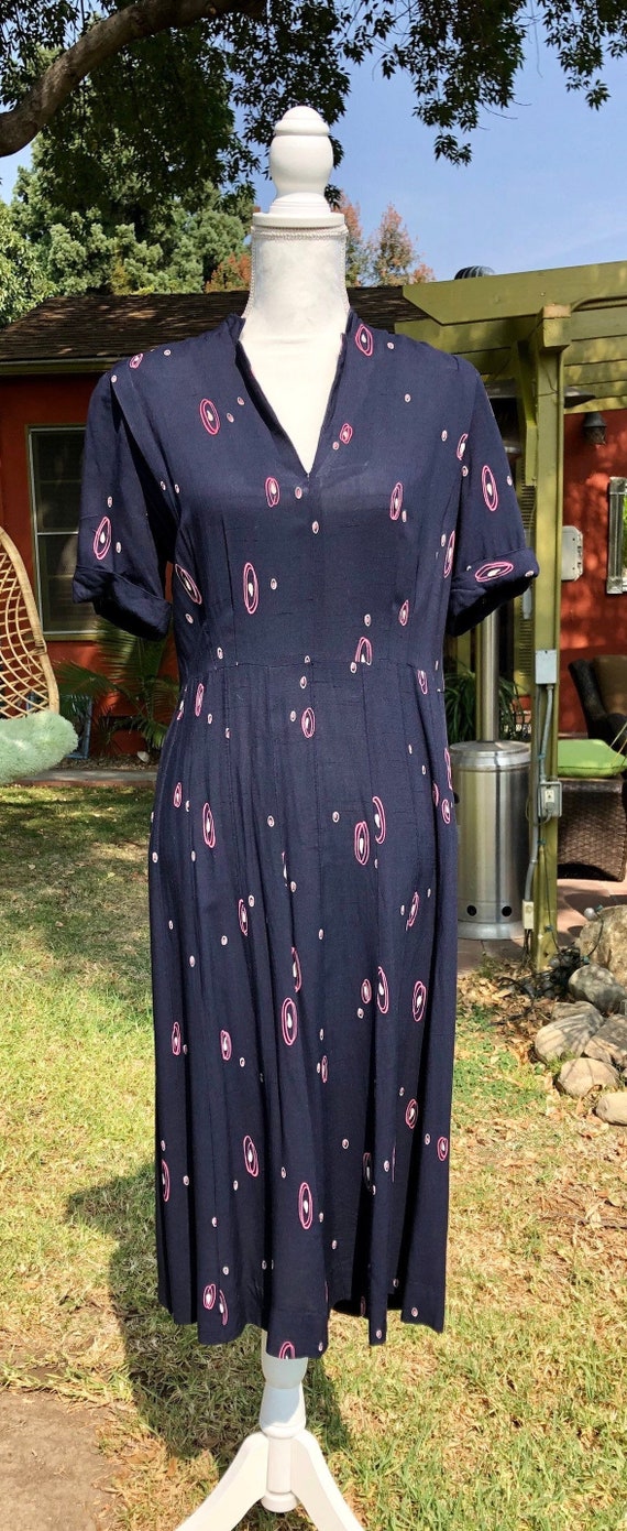 1940s 50s Atomic Print Rayon Dress M