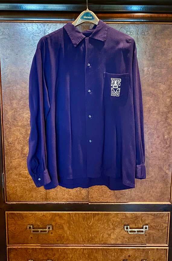 1950s Rayon Gabardine Long sleeve Tiki Shirt XL