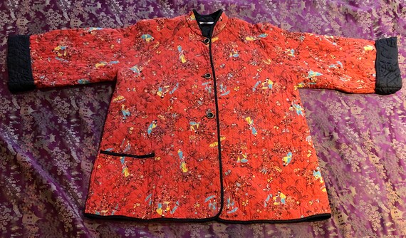 1940s Chinoiserie Print Rayon Quilted Jacket L