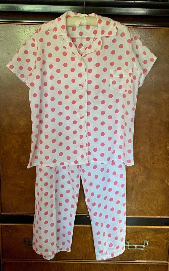 1950s Seersucker Polka Dot Pajama Set L/XL