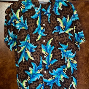 1950s Minty Cold Rayon Palmen Print Hawaiianisches Tiki Shirt M / L