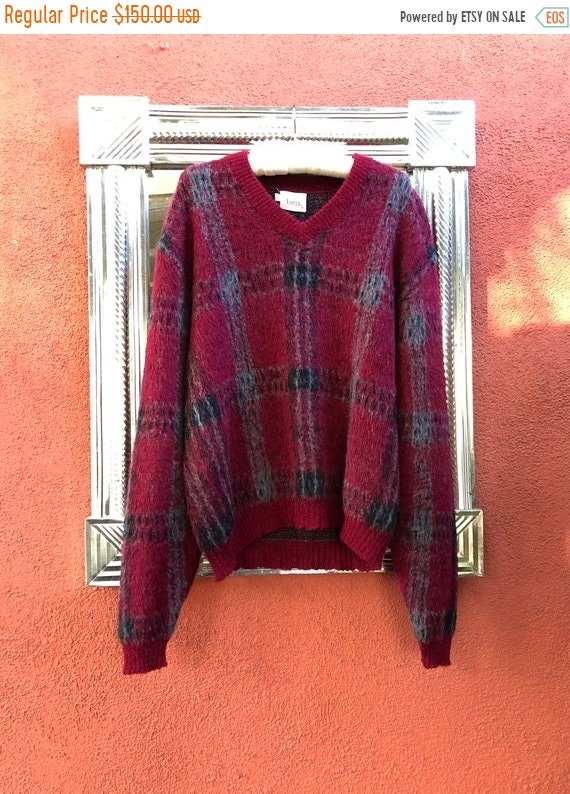 SALE 1950s Campus Shaggy Mohair Cranberry Plaid Sw