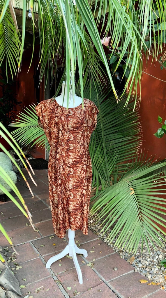 1950s Rayon Bamboo Print Tiki Dress L