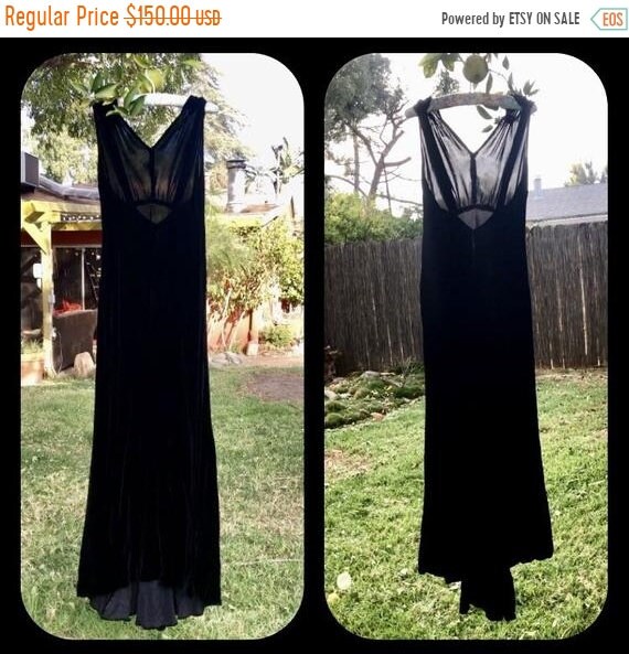 SALE 1930s Gothic Black Rayon Velvet Evening Gown