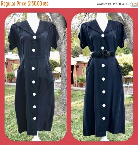 SALE 1950s Black Rayon Victory Dress XL