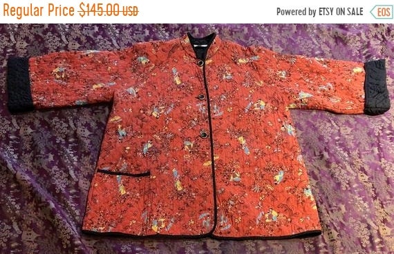 SALE 1940s Chinoiserie Print Rayon Quilted Jacket