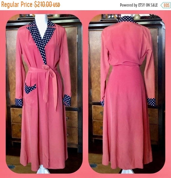 SALE 1940s BUR-MIL Rayon Coral and Blue Polka Dot