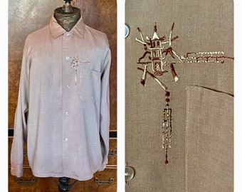 1950s Sharkskin Rayon Long Sleeve Pagoda Embroidered Tiki Shirt M