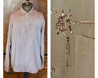 1950s Rayon Shirt - Navy Blue / 50s Vintage Shirt / Make
