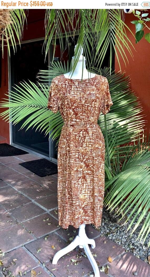 SALE 1950s Rayon Bamboo Print Tiki Dress L