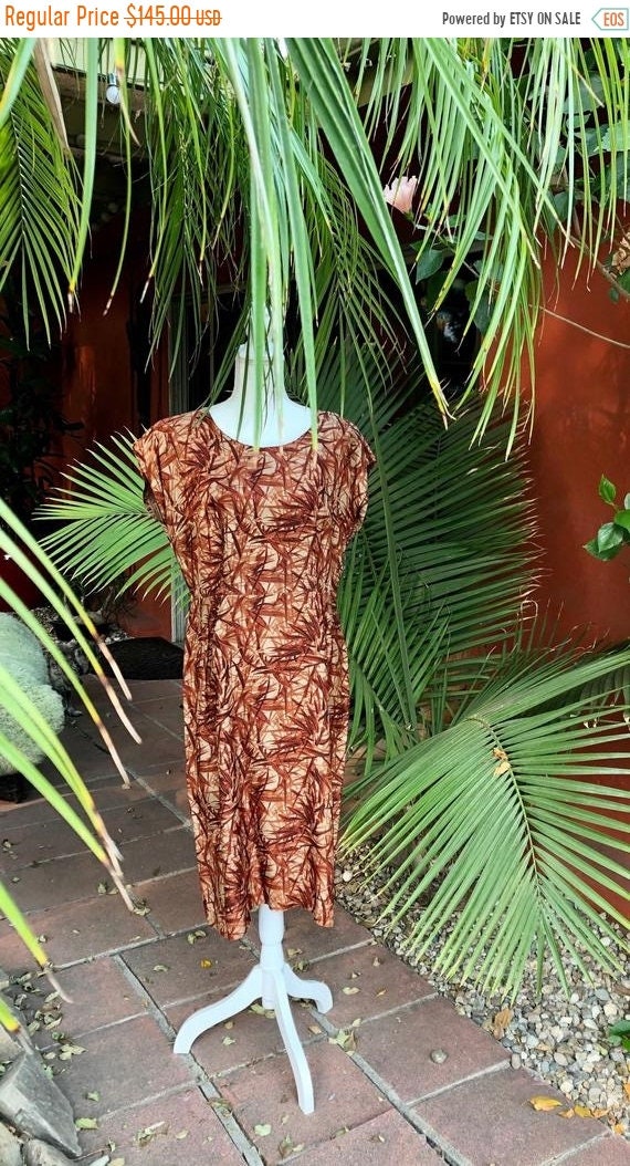 SALE 1950s Rayon Bamboo Print Tiki Dress L