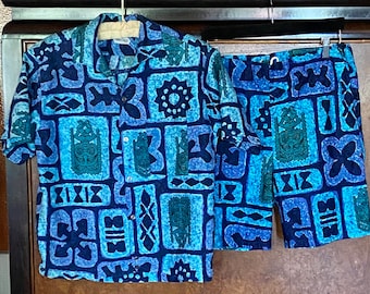 1960s Tiki Cabana Set: Blue Hawaiian Shirt & Swim Shorts (S/M)