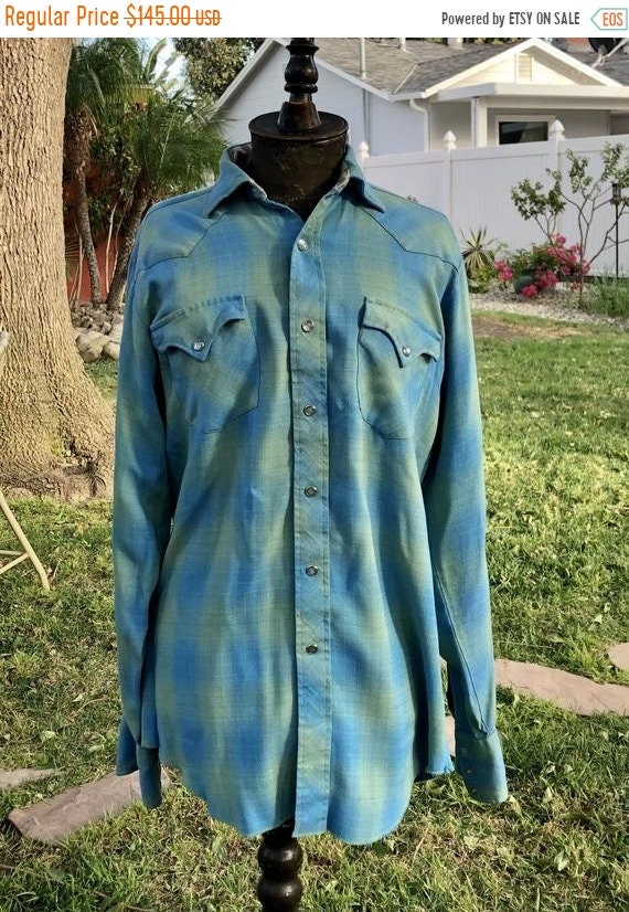 SALE 1950s Rayon Gabardine Shadow Plaid Western Sh