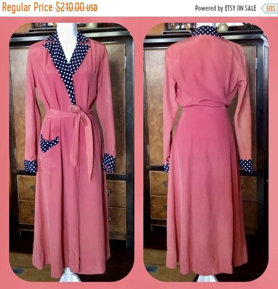 SALE 1940s BUR-MIL Rayon Coral and Blue Polka Dot