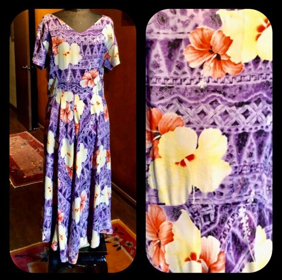 1940s Hawaiian Tapa Print Rayon Dress L