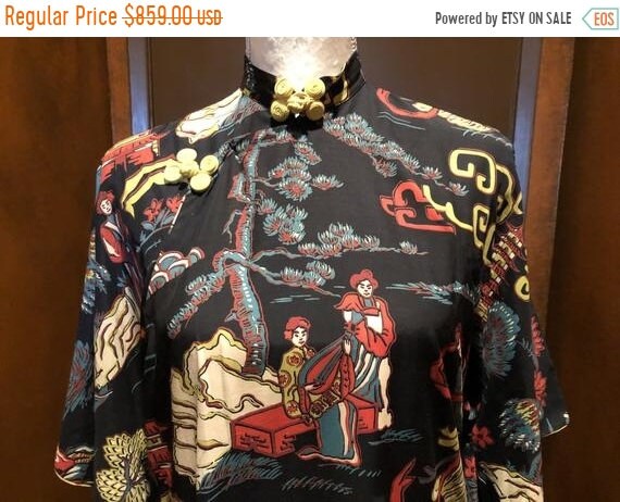 SALE 1940s Japanese Print Rayon Cheongsam Pake Mu