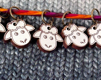 Wood stitch markers "White Sheep faces" for knitting and crochet