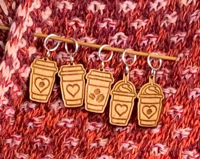 Coffee First stitch markers for knitting or crochet light weight wood snag free