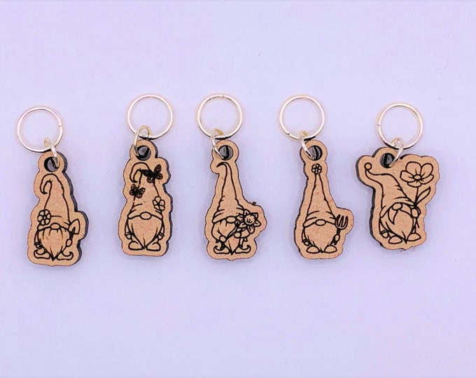 Garden Gnomes!  Set of 5 wooden laser cut stitch markers for knitting or crocheting