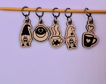 Gnomes love coffee also!  Stitch markers for knitting and crochet