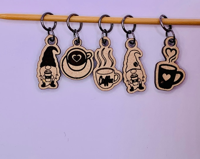 Gnomes love coffee also!  Stitch markers for knitting and crochet