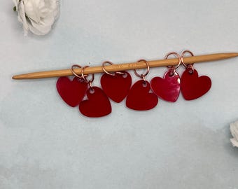 Acrylic Heart Shaped Stitch Markers - Set of 6 in Red for Knitting - Snag Free