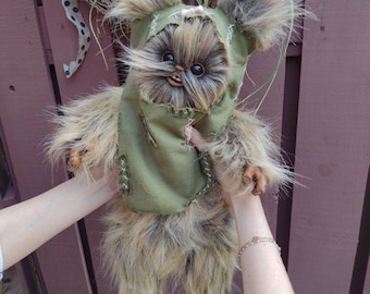 Ewok inspired  - Posable Fantasy Creature Brown Fake Fur , 18" tall  2lb Hand Sculpted and sewn piece of art