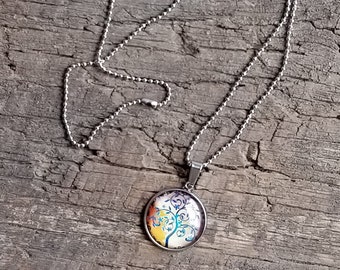 Tree of Life Glass Cabochon Stainless Steel Pendant and Stainless Steel Necklace  - One-of-a-kind - Handmade