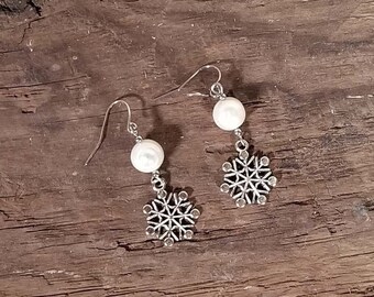 Fun Natural Cultured Pearl and Snowflake Stainless Steel Hypo-allergenic Earrings - Handmade - One of a Kind