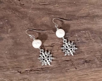 Natural White Cultured Pearl and Snowflake Stainless Steel Hypo-allergenic Earrings - Handmade - One of a Kind