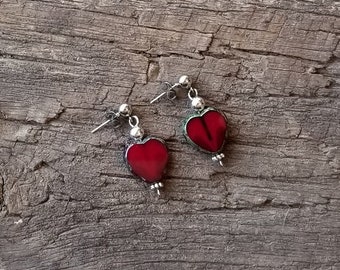 Charming Red Glass Heart Stainless Steel Dangle Earrings - One-of-a-kind - Handmade