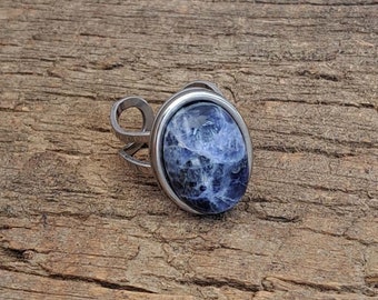 Natural 13x18mm Cabochon Sodalite Stone in an Adjustable Size Heavy Duty Stainless Steel Ring - Won't Discolor - Hypo-Allergenic