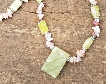 Pink Opal and Jungle Jasper Bead Necklace - One-of-a-kind - Handmade