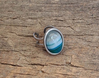 Natural 13x18mm Cabochon Blue Agate Stone in an Adjustable Size Heavy Duty Stainless Steel Ring - Won't Discolor - Hypo-Allergenic