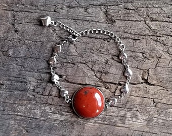 Stainless Steel Heart Link Natural Fancy Red Jasper Stone Bracelet - One-of-a-kind - Handmade