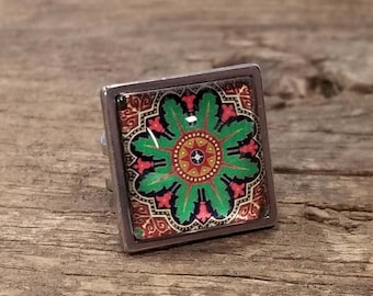 Beautiful Square Patterened Glass Cabochon Adjustable Stainless Steel Ring  - One-of-a-kind