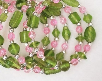 Feminine and Funky Green and Pink Glass Bead Memory Wire Bracelet - Fits Any Size Wrist - Handmade - One-of-a-kind