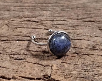 12mm Natural Cabochon Sodalite Stone Adjustable Size Heavy Duty Stainless Steel Ring - Won't Discolor - Hypo-Allergenic