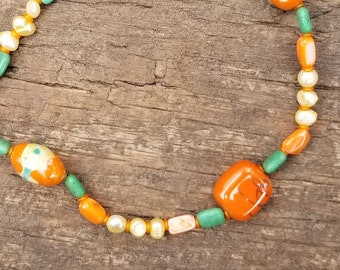 Gorgeous and Colorful Necklace with Hand-Painted Porcelain, Pearls, Magnesite, Mother-of-Pearl and Glass Beads - One-of-a-kind - Handmade