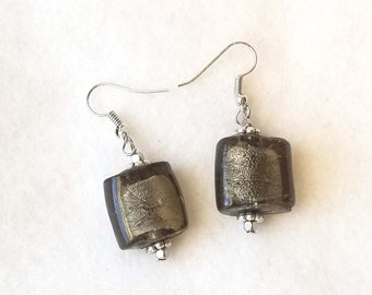 Charcoal Glass over Silver Foil India Glass Bead Dangle Earrings - One-of-a-kind - Handmade