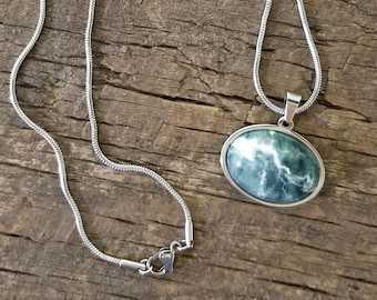 Striking Tree Agate Cabochon Pendant On A Stainless Steel Snake Chain Necklace - One-of-a-kind - Handmade