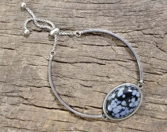 Hypoallergenic Stainless Steel Natural Snowflake Obsidian Cabochon Adjustable Size Bracelet - One-of-a-kind - Handmade