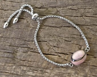 Pretty, Natural Cabochon Rhodonite Stainless Steel Adjustable Bracelet - Handmade - One of a Kind