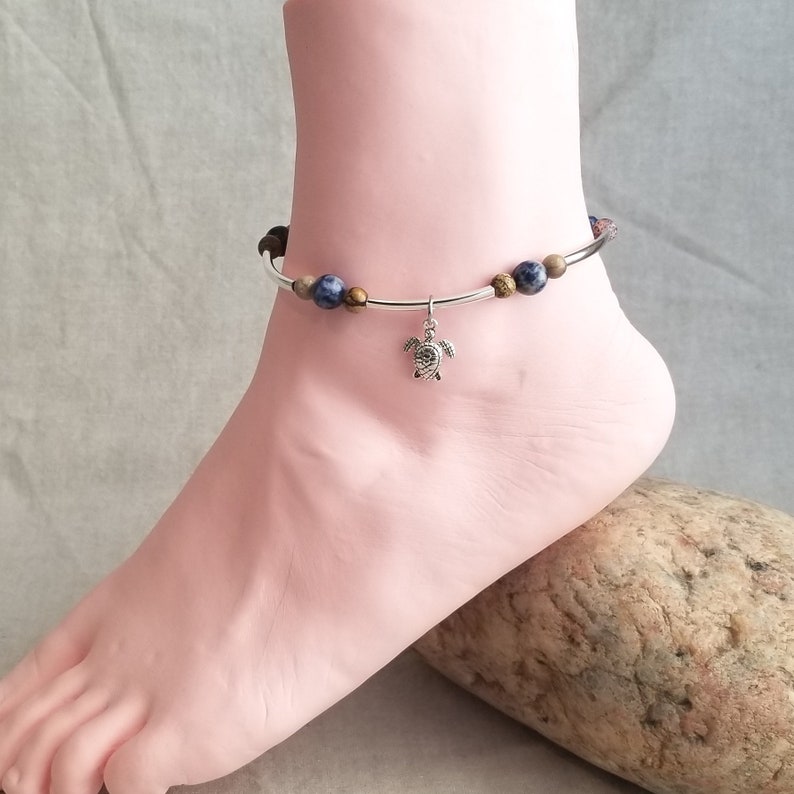 One-of-a-kind Natural Sodalite and Picture Jasper Bead Anklet 9 Length Handmade