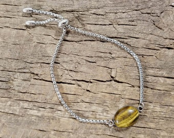 One-of-a-kind Natural Cabochon Yellow Tiger Eye Stainless Steel Adjustable Bracelet - Handmade
