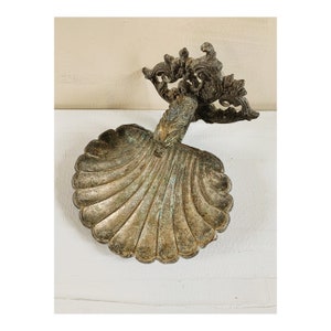 Vintage Raw Brass Aged Patina Fish and Shell European Wall Mounted Bathroom Soap Dish Antique Portuguese Accent Regency Decor image 1