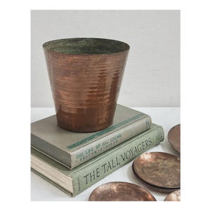 May include: A hammered copper planter with a rounded bottom and a slightly flared top. The planter is sitting on top of two books with green covers. The books have the titles "The Life of All Living" and "The Tall Voyagers".
