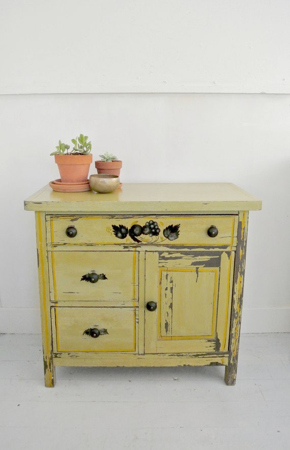 Green Yellow Cabinet Dresser Commode Black Flowers Antique Etsy